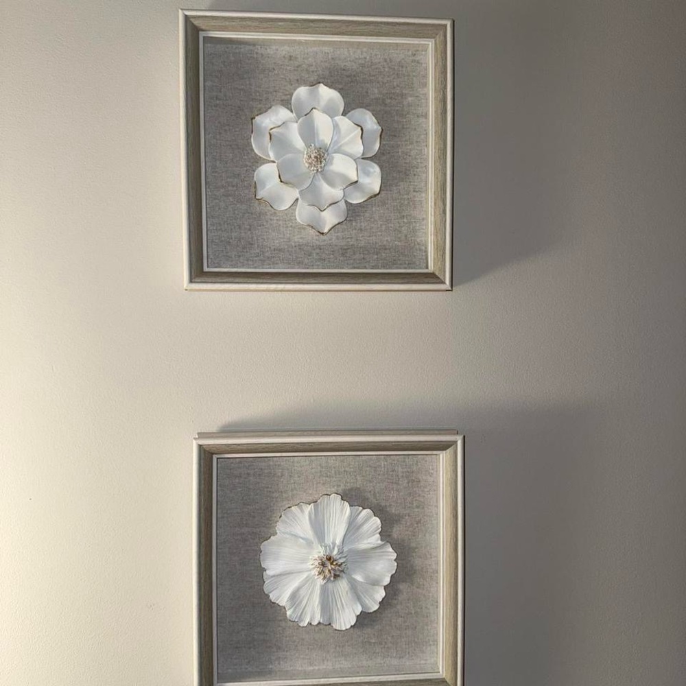Set of Two Glass Framed White Floral Wall Art